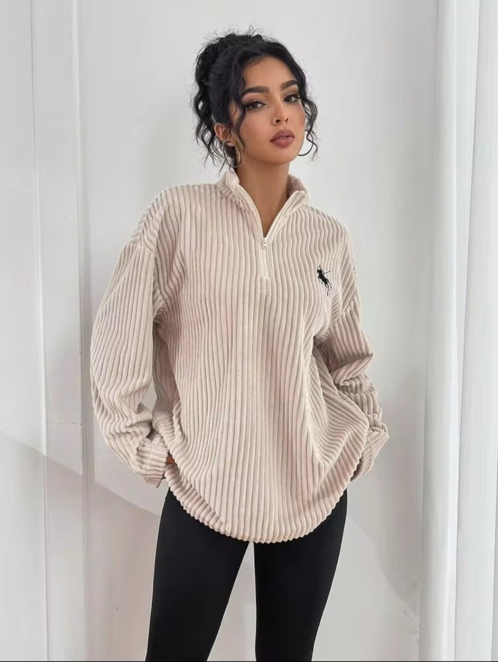SHEIN Women's Corduroy 1/4 Zip Pullover Sweater Beige Relaxed Fit Size L